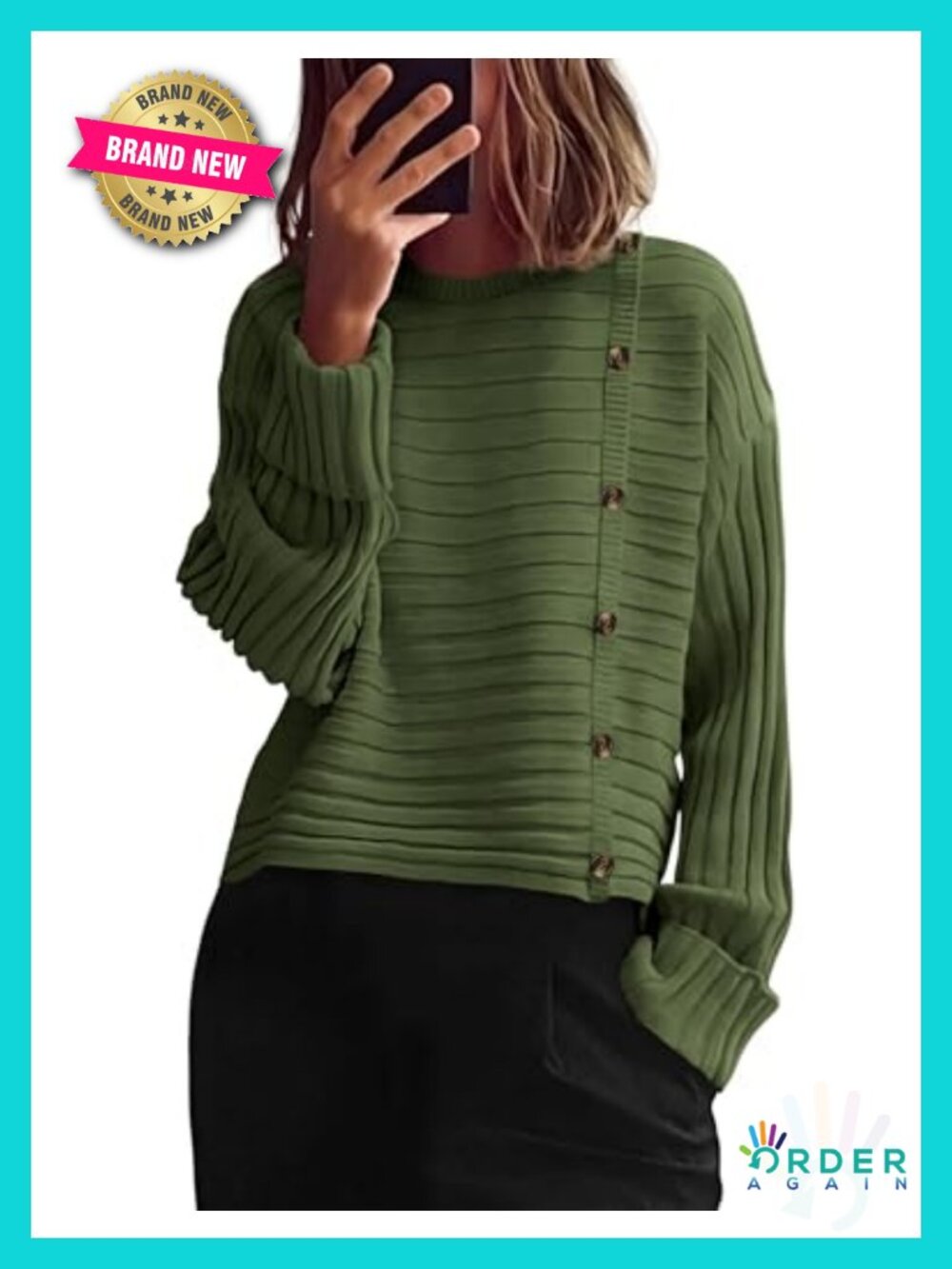 Asymmetric Button Long Sleeve Knit Pullover Sweater Loose Fit